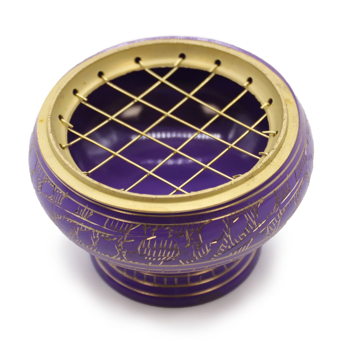 Purple and gold decorative container with grid design on a white background