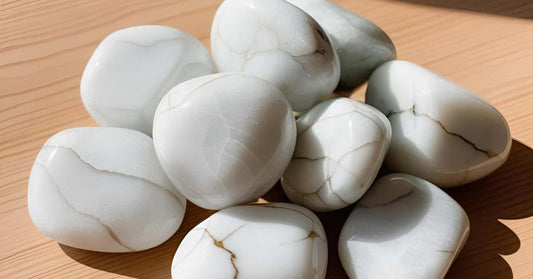 Howlite gemstones with calming properties, used for stress relief, emotional healing, and promoting peace and balance.