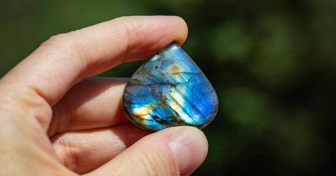 Labradorite gemstones, known for their stunning iridescent flashes, promoting transformation, intuition, and protection.