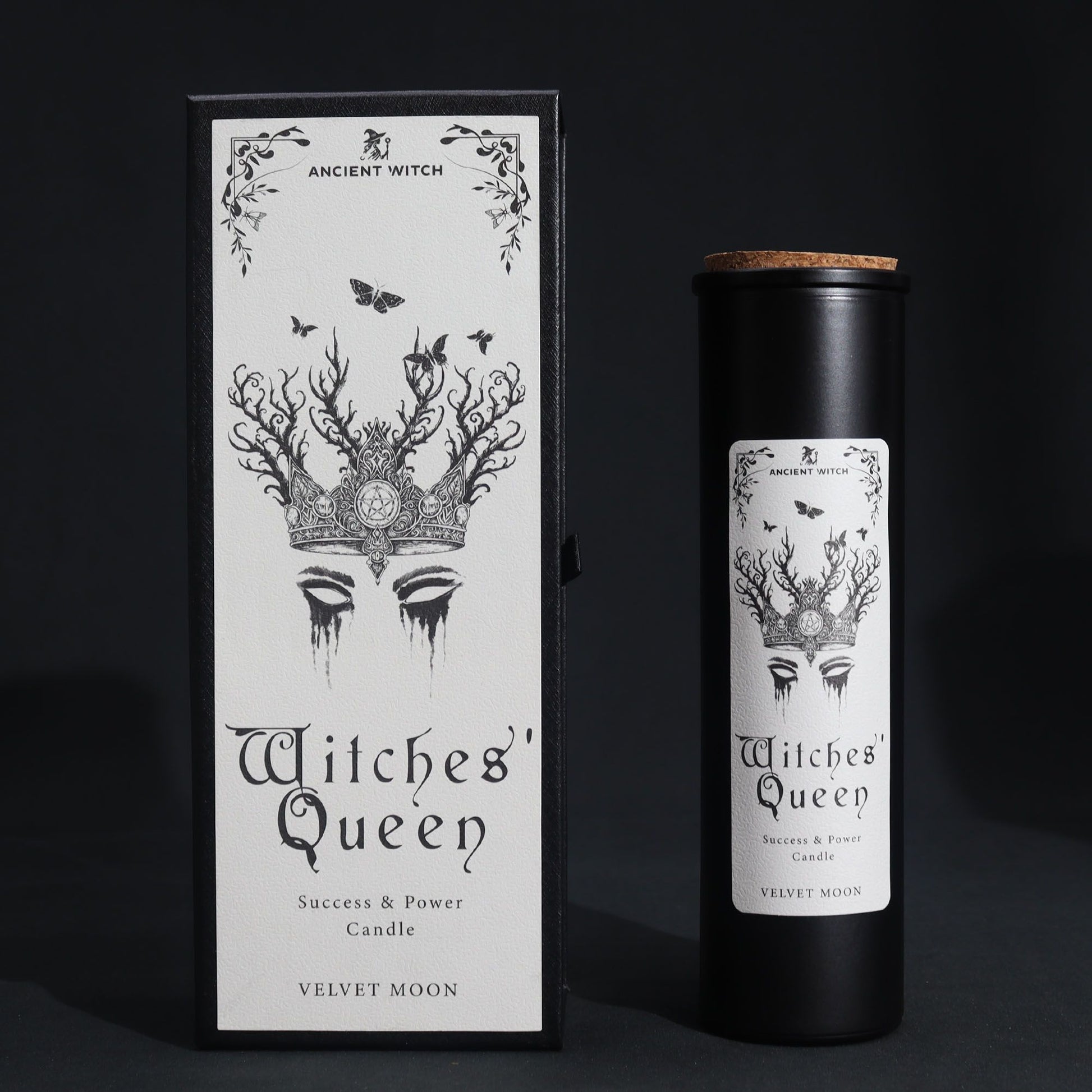 Witches' Queen candle packaging with black and white design on a dark background