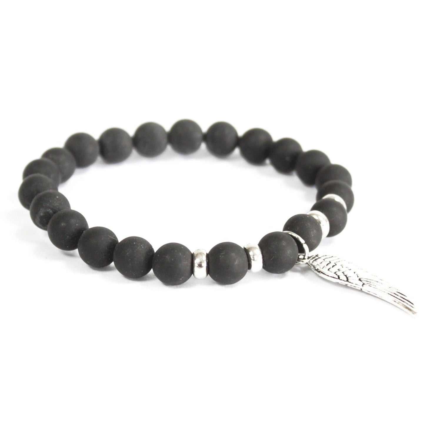 Black beaded bracelet with a silver fish charm on a white background