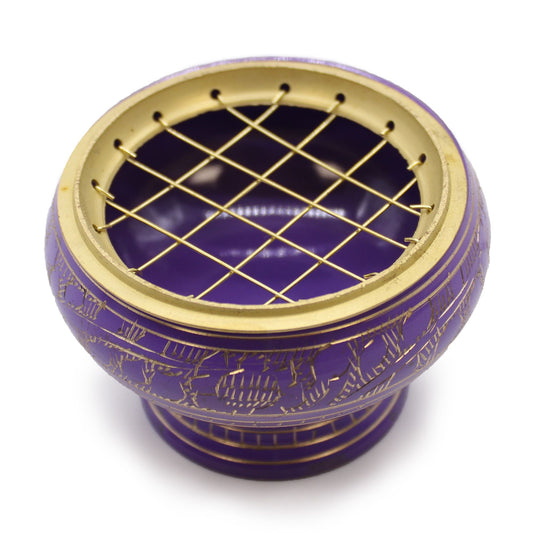 Purple and gold decorative container with grid design on a white background