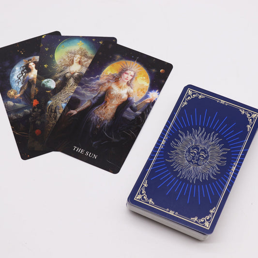 Tarot cards with artistic designs on a white background