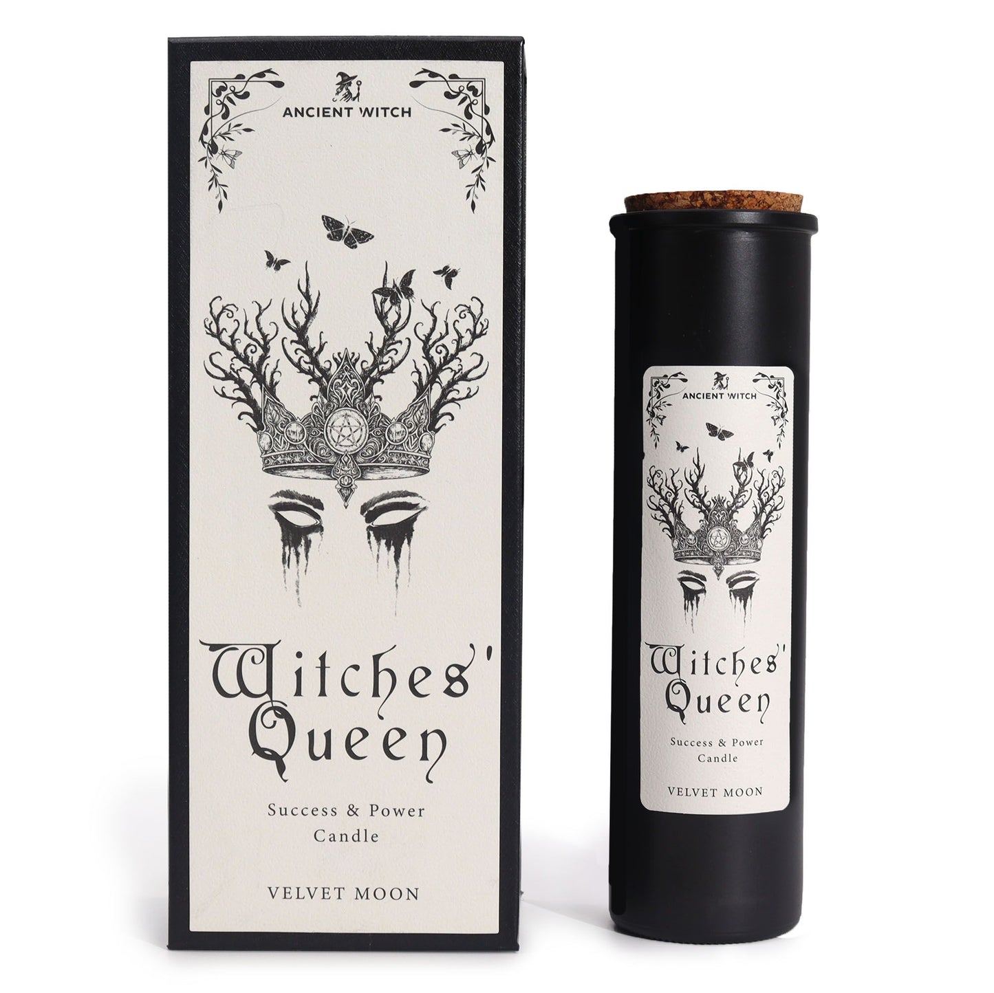 Witches' Queen candle packaging with black and white design on a white background